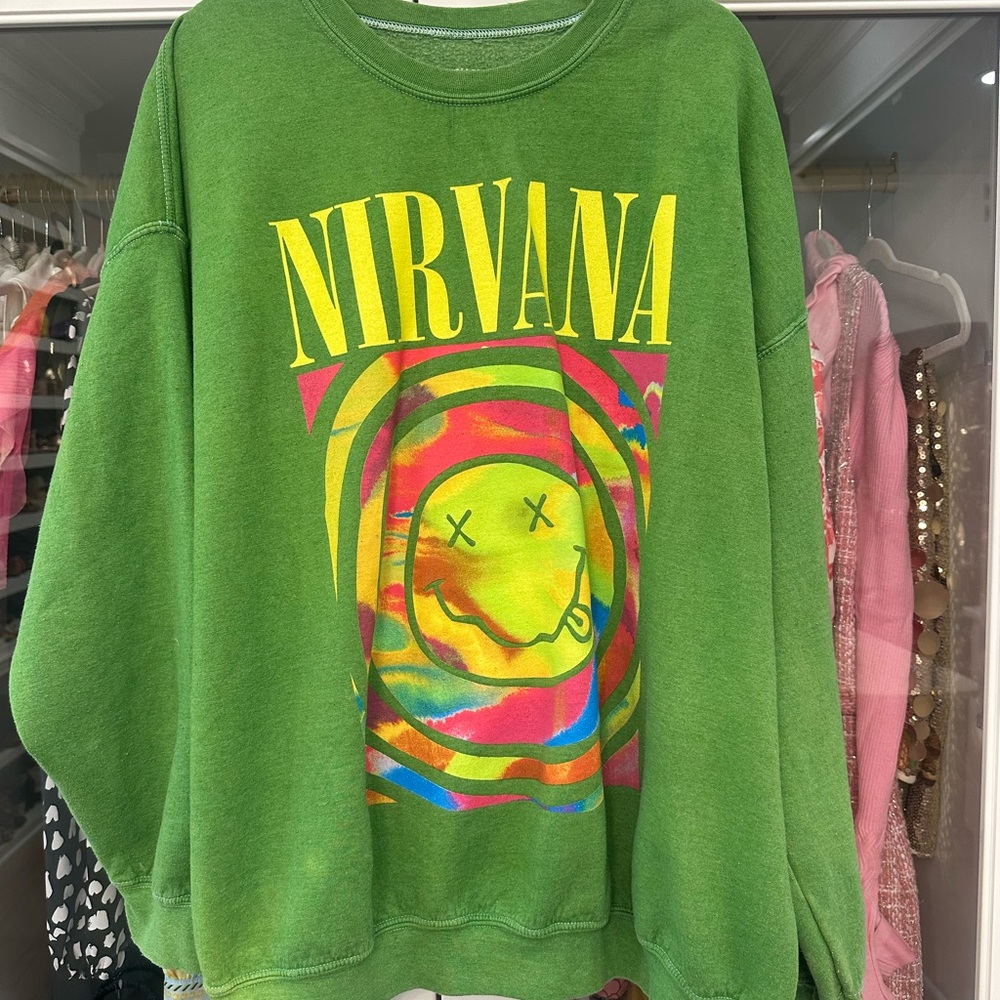 Urban Outfitters Green Nirvana Spiral Graphic Sweatshirt, L/XL, crewneck
